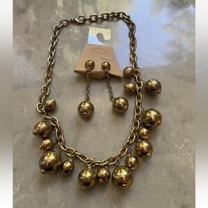 Vintage FRENCH GOLD BEAD BALL CLUSTER NECKLACE Gold Tone Ball & Matching Earings